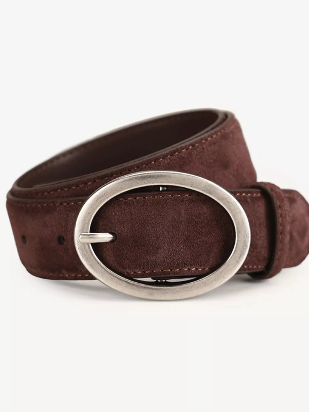 Brown suede leather belt with oval brushed silver buckle