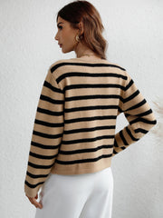 Khaki and black horizontal stripe knit cardigan with pockets.