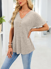 Ribbed knit short sleeve t-shirt in Khaki with decorative buttons and a curved hem.