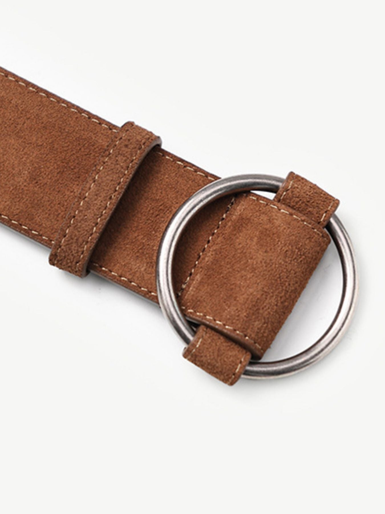 Brown suede leather belt with silver D-ring buckle and contrast stitching detail.