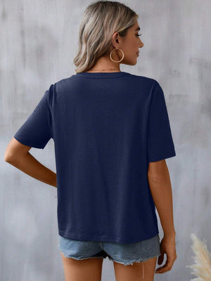 Dark navy V-neck tee with crochet trim detail, short sleeves, casual fit.