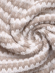 V-neck cap sleeve t-shirt in beige and white striped knit fabric with button detail.