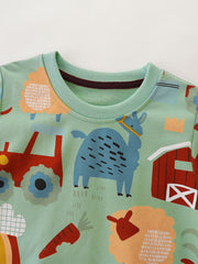 Light green cotton toddler sweatshirt with farm animal and tractor print