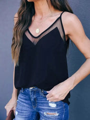 Black cami top with sheer V-neck insert and thin straps.