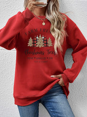 Christmas graphic crewneck sweatshirt in Deep Red with buffalo plaid and leopard print trees.