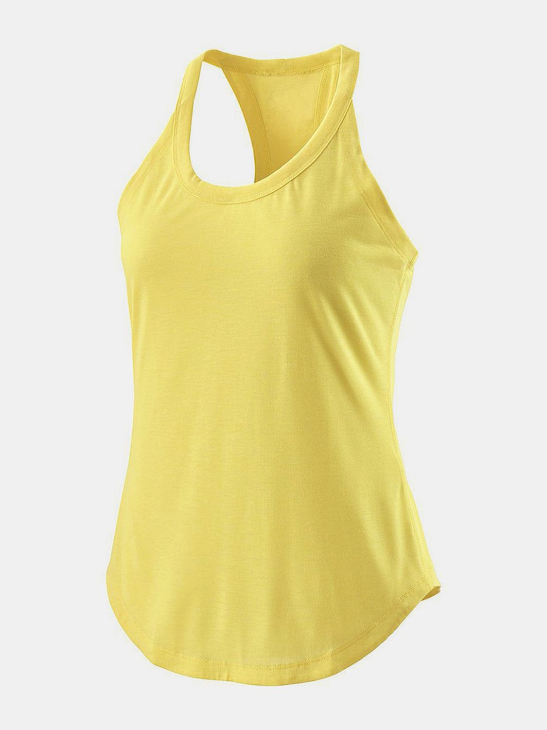 Yellow racerback tank top with a curved hem