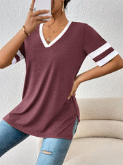 Plum v-neck tee with contrast white trim on neckline and striped sleeves.
