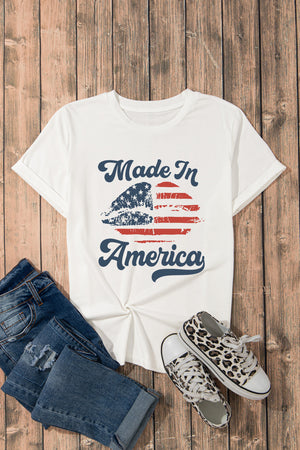 White t-shirt with distressed American flag graphic and "Made In America" text.