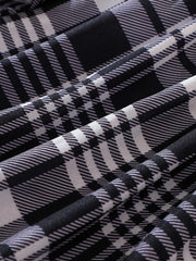 Belted plaid long-sleeve dress in black, close-up of fabric texture