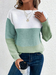 Colorblock ribbed knit sweater with boatneck and long sleeves in white, light blue, and gum leaf green.