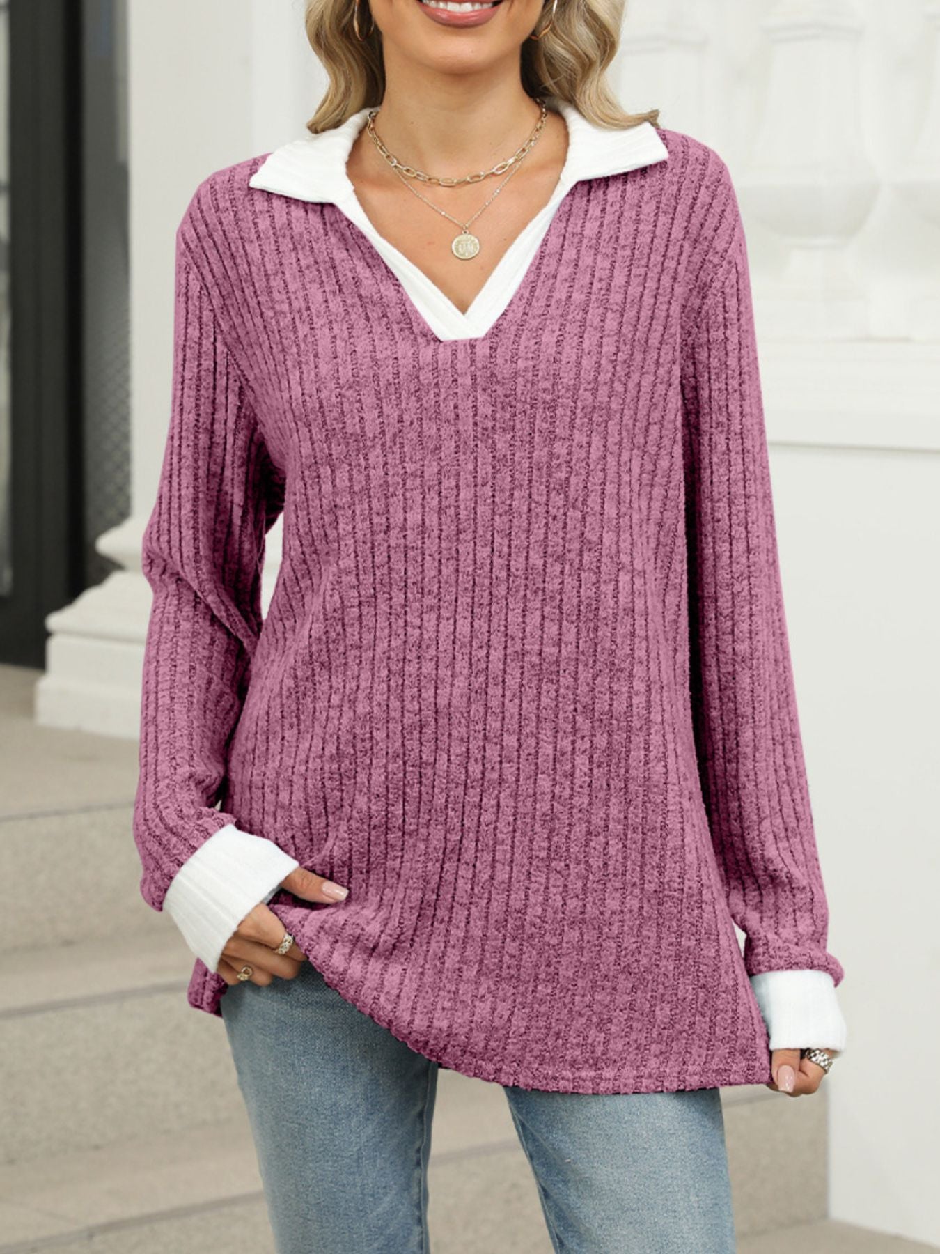 Purple Red ribbed knit long sleeve t-shirt with white collar and cuffs.