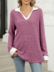 Purple Red ribbed knit long sleeve t-shirt with white collar and cuffs.