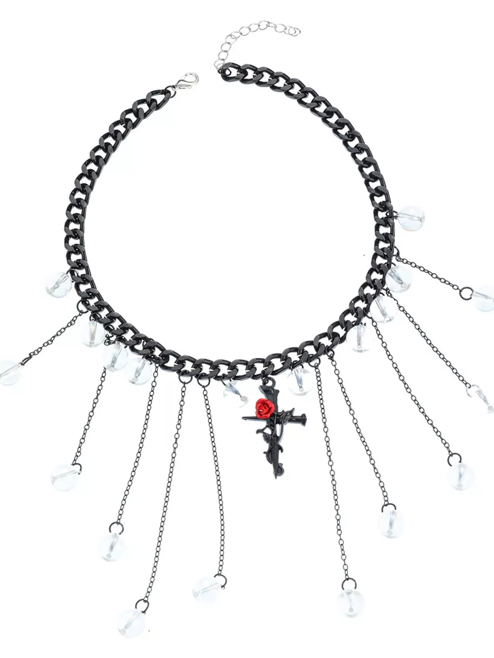 Gothic Rose Cross Dangle Necklace Alloy Resin in Black, back view