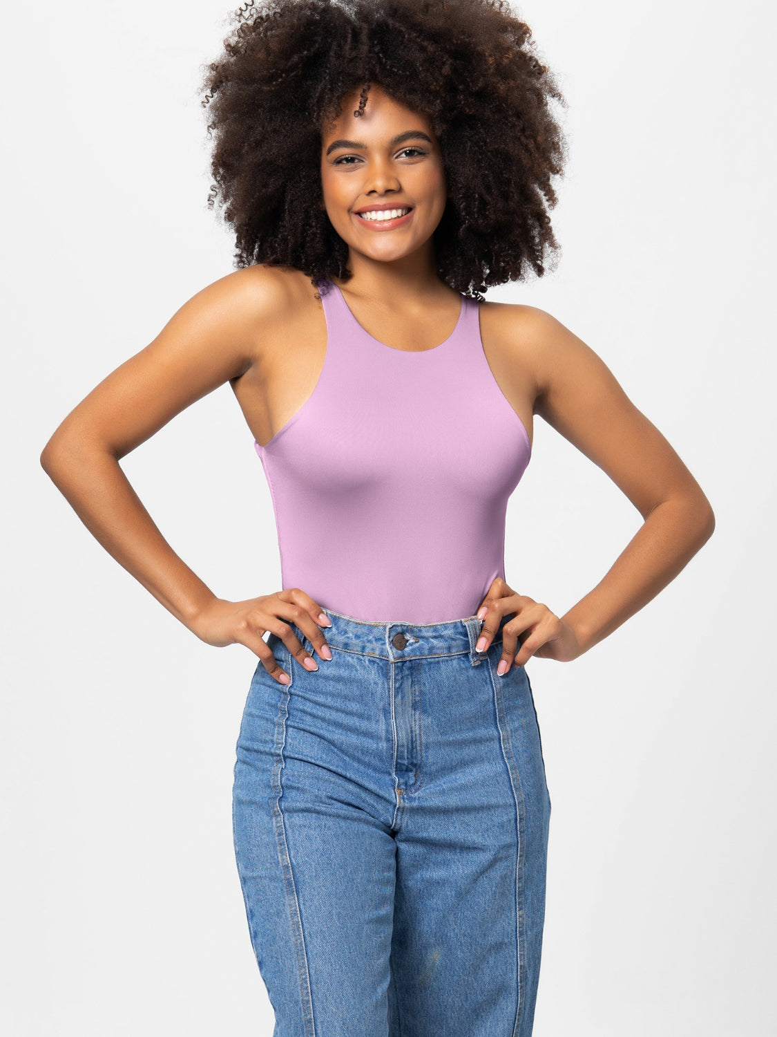 Lilac tank bodysuit with high cut neckline and racerback detail.