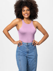 Lilac tank bodysuit with high cut neckline and racerback detail.
