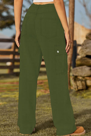 Army green denim cargo pants with drawstring waist and buttoned flap pockets.