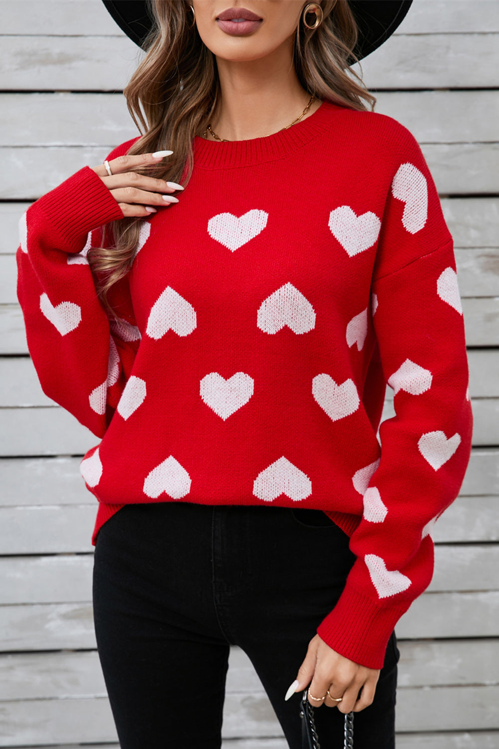 Deep Red acrylic sweater with white intarsia hearts, crew neck, long sleeves.