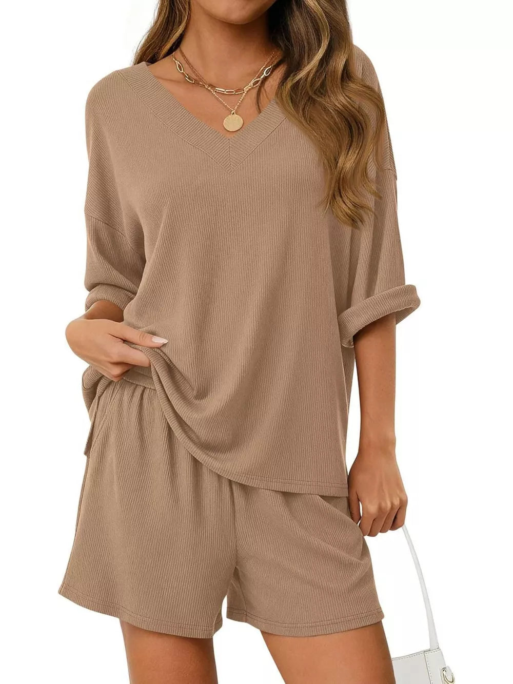 Khaki V-neck two-piece lounge set with cuffed sleeves and elastic waist shorts.