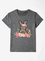 Gray crewneck t-shirt with leopard print bunny and floral graphic.