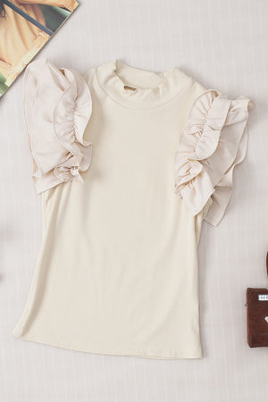 Beige ribbed mock neck top with ruffled short sleeves