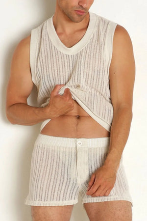 Textured knit tank and shorts set in ivory with vertical stripes.