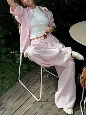 Button Up Shirt And Drawstring Pants Set in Apricot, fit detail