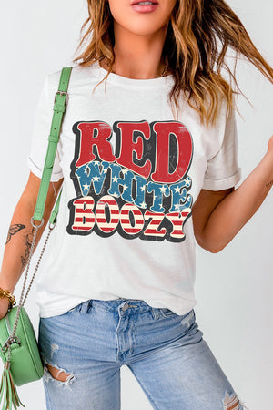 White cotton crewneck tee with distressed "Red White Boozy" graphic in patriotic colors.