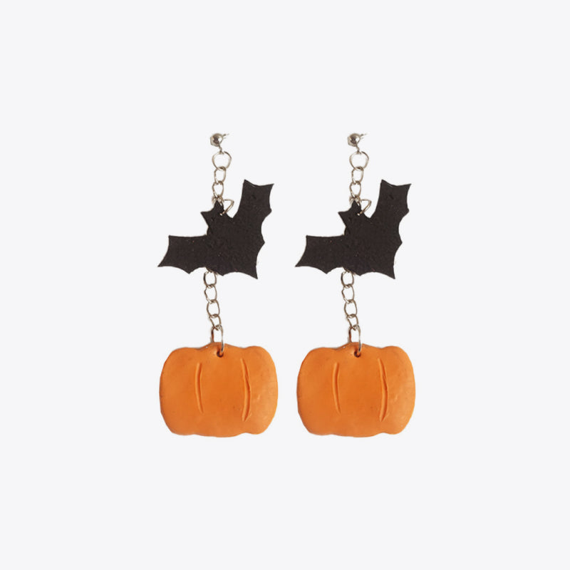 Halloween charm drop earrings with black bats and orange pumpkins.
