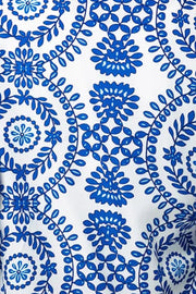 Royal blue botanical medallion print blouse with voluminous sleeves