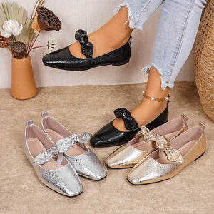 Chic bow detail square toe slip-on flats in black, gold, and silver.