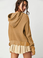 Camel waffle knit cropped hoodie with snap front detail and raw hem skirt.