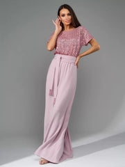 Dusty pink palazzo pant suit with sequin bodice and belted waist.