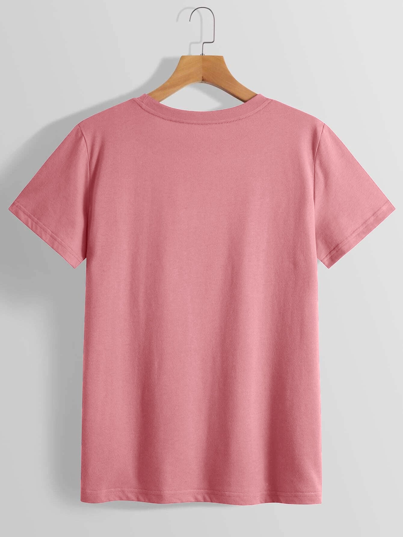 Pink t-shirt with crew neck and short sleeves, basic casual tee.