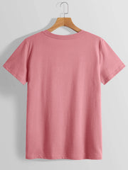 Pink t-shirt with crew neck and short sleeves, basic casual tee.