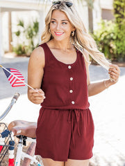 Burgundy button-front drawstring waist romper with a scoop neckline and sleeveless design.
