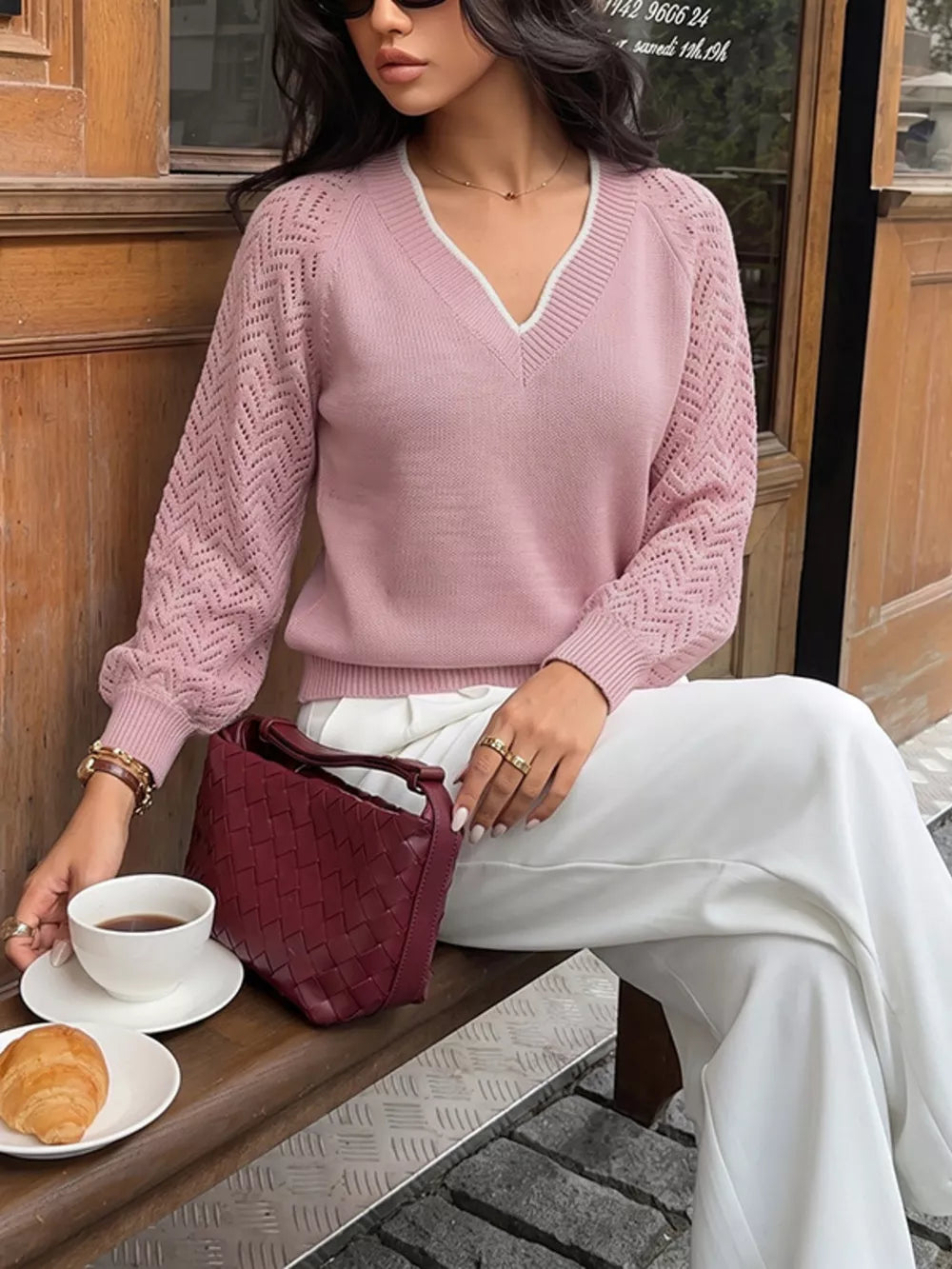 V-neck Openwork Long Sleeve Sweater, front view