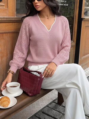 V-neck Openwork Long Sleeve Sweater, front view