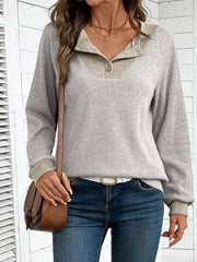Gray ribbed maternity shirt with two-tone collar and button detail
