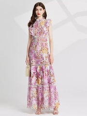 Pink purple floral lace maxi gown with cutout details and ruffled sleeves.