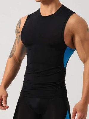 Black performance tank top with sky blue side panels and crew neck.