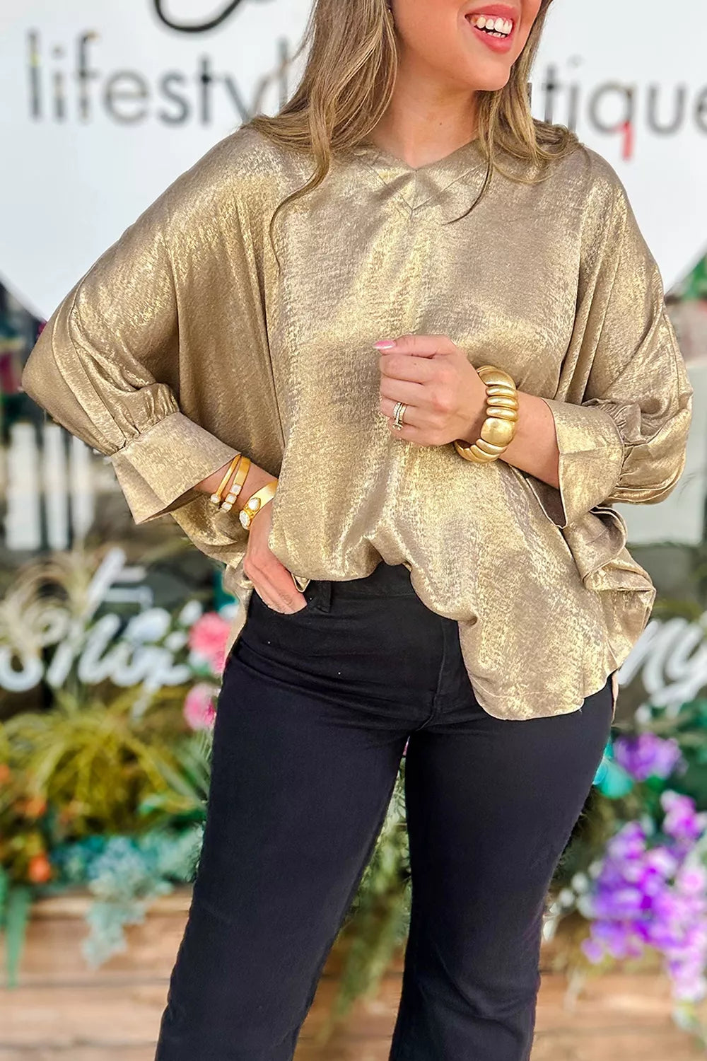 Metallic V Neck Button Cuffed Dolman Blouse in Gold, close-up detail