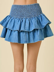 Denim tiered ruffle skirt in blue with smocked waist