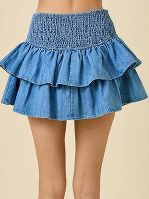 Denim tiered ruffle skirt in blue with smocked waist