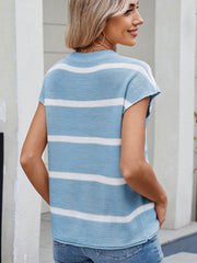 Striped knit tee in sky blue with white stripes, short sleeves, and vertical seam detail.