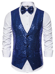 Blue sequin men's vest with double-breasted closure and matching bow tie.