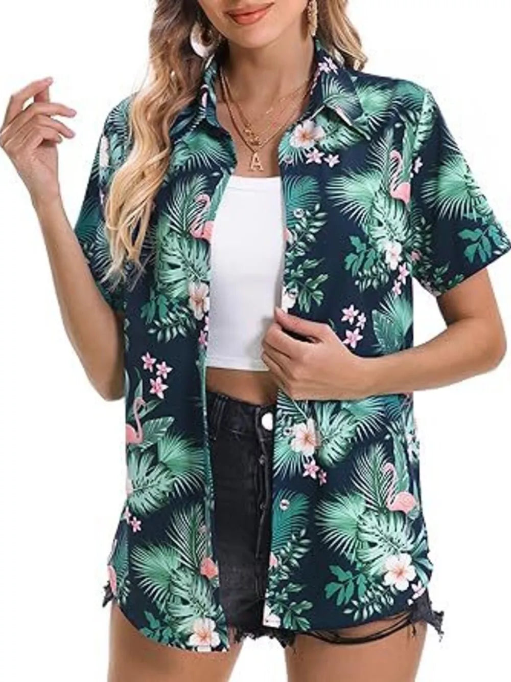 Short sleeve button-up shirt with tropical flamingo and hibiscus print in dark blue.