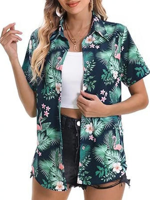 Short sleeve button-up shirt with tropical flamingo and hibiscus print in dark blue.