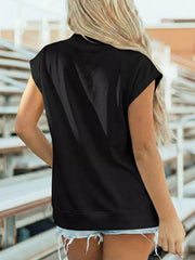 Black mock neck cap sleeve maternity t-shirt with a casual, comfortable fit.