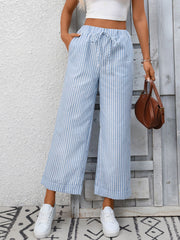 Light blue and white striped drawstring wide leg pants with pockets