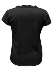 Black cap sleeve blouse with lace trim V-neck detail